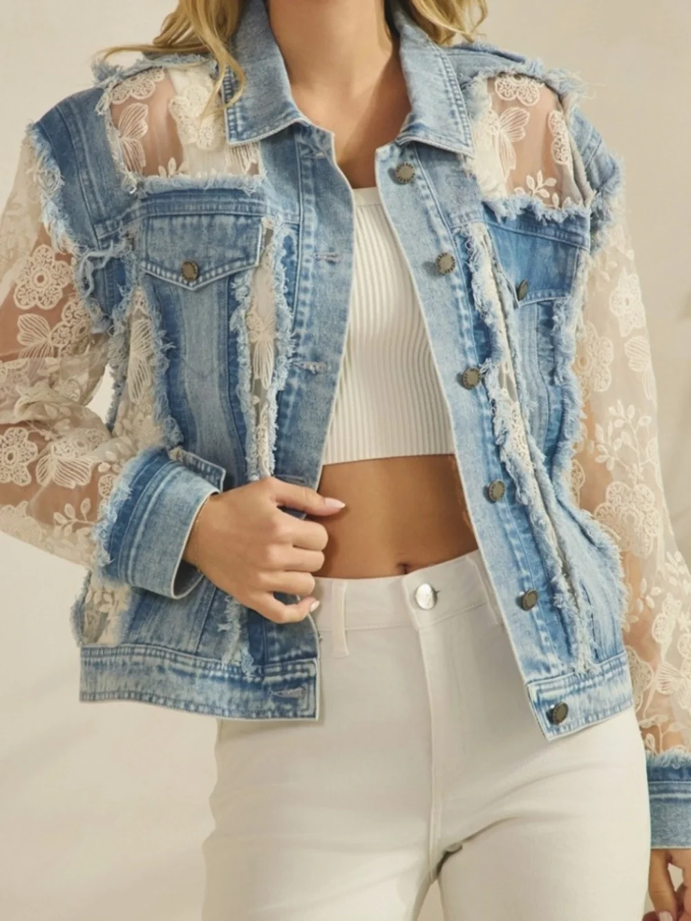 Western Floral Lace Semi Sheer Button Down Frayed Jacket - Picture 4 of 13